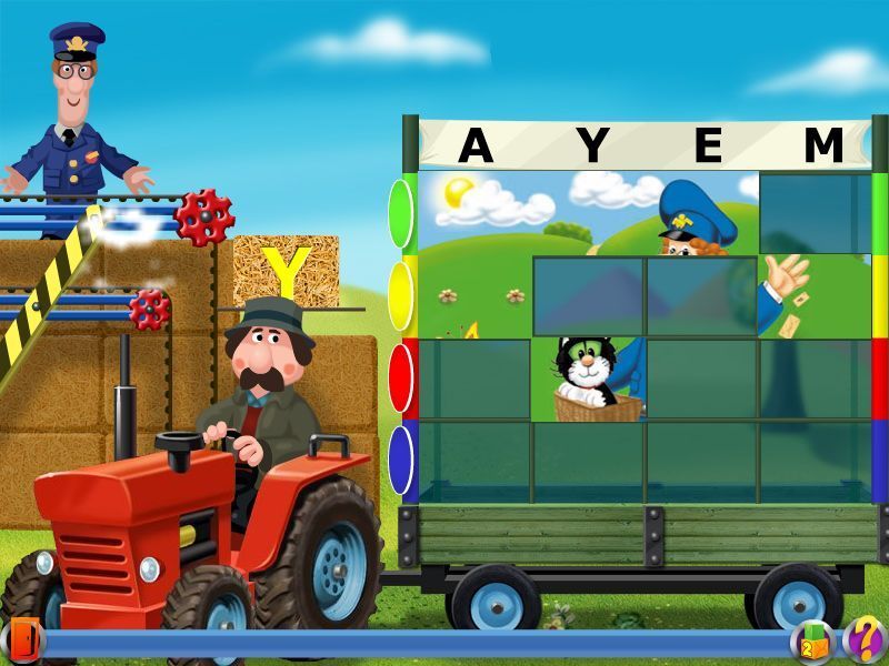 Postman Pat: Special Delivery Service (Windows) screenshot: The Hay-Stack Block: A pattern recognition puzzle using colours and letters.<br>The player's next action here is to click on the cell in the 'Y' column on the yellow row