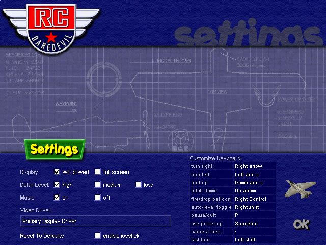 RC Daredevil (Windows) screenshot: Settings screen