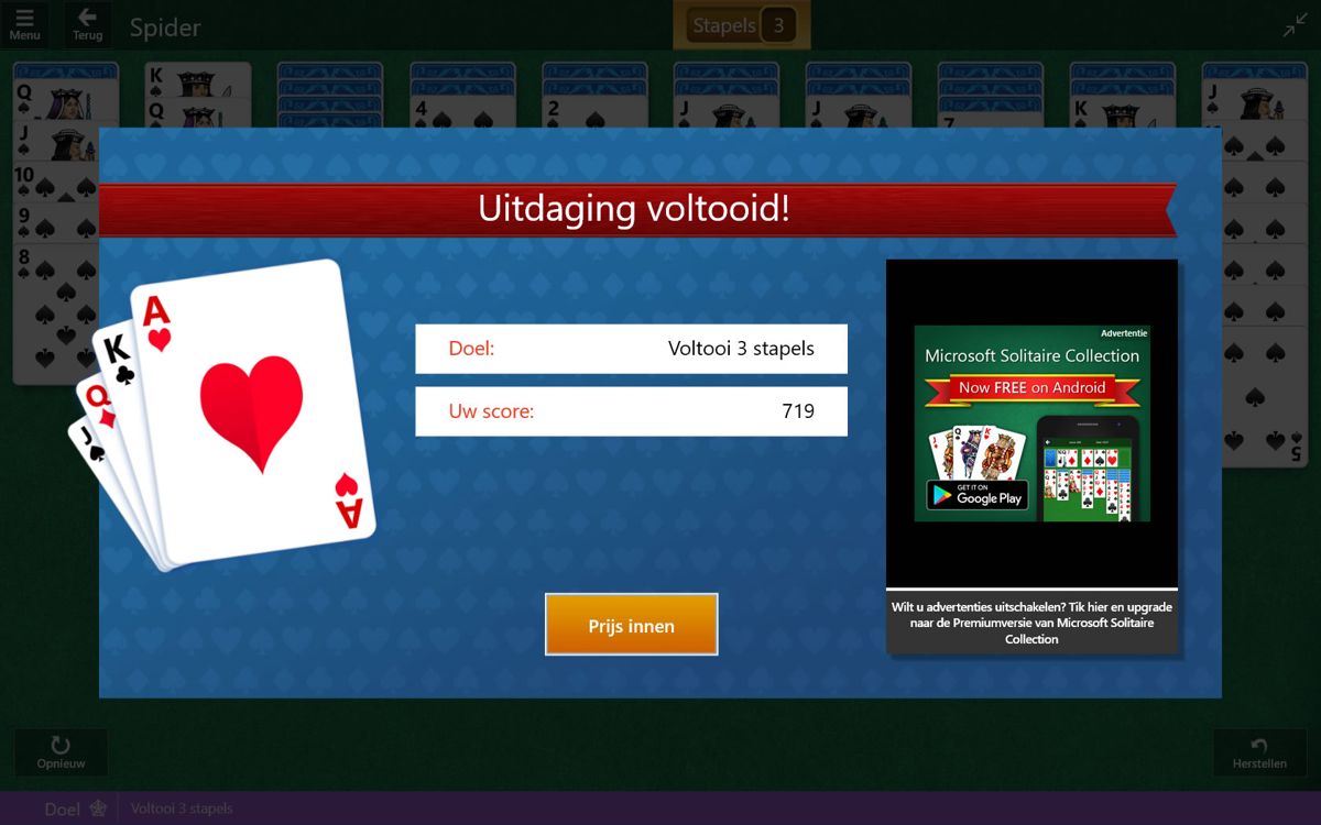 Microsoft Solitaire Collection (Windows Apps) screenshot: Challenge completed (Dutch version)