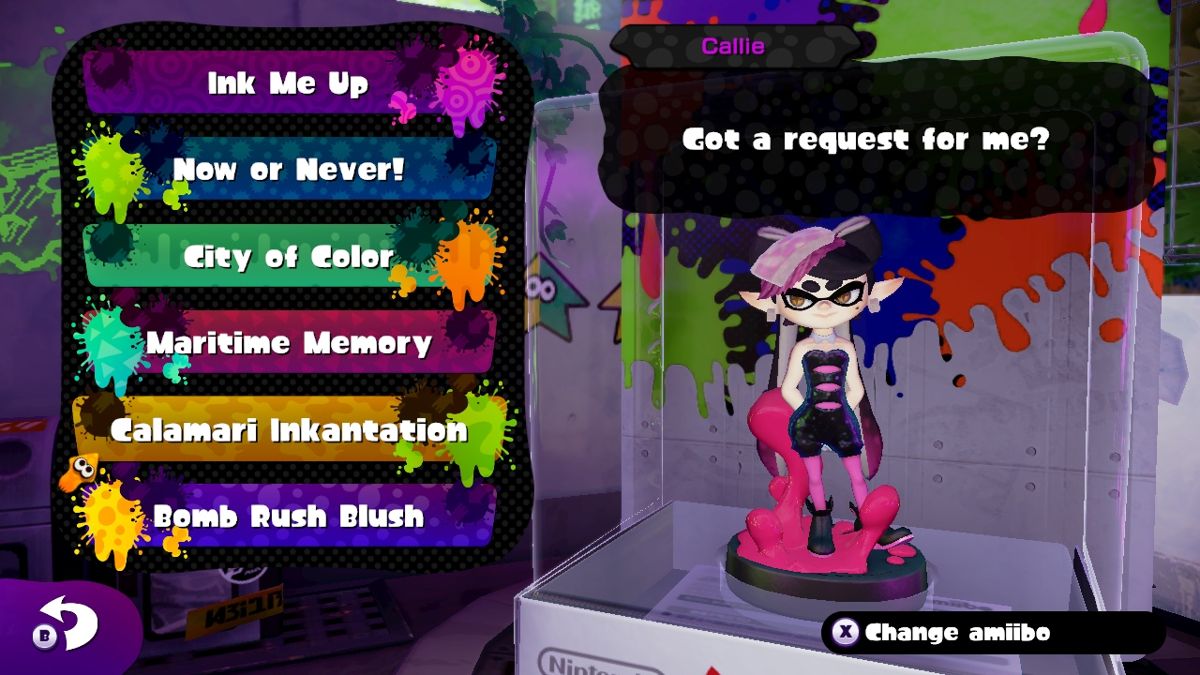 Splatoon (Wii U) screenshot: <i>Splatoon</i> features Amiibo functionality. For example, scanning in Callie allows me to listen to selections from the soundtrack on demand.
