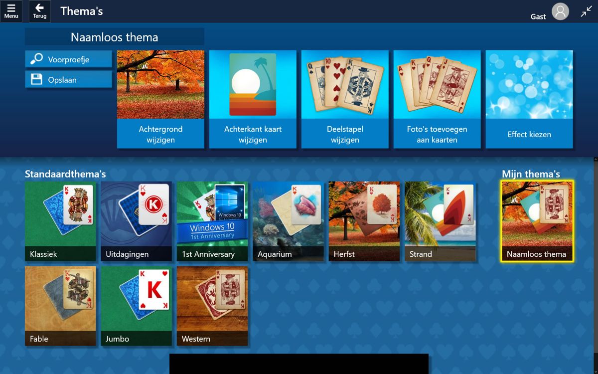 Microsoft Solitaire Collection (Windows Apps) screenshot: Customization options for themes (Dutch version)