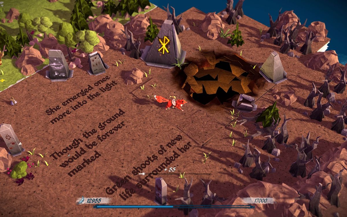 Epistory: Typing Chronicles (Windows) screenshot: Bits of story are told to voice-acting and appear as text in the environment.