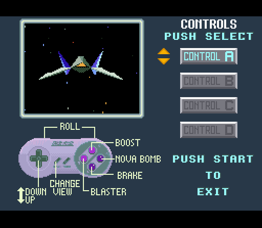 Star Fox (SNES) screenshot: After the title screen you can configure your controls, and at the same time get a feel for the movement of your Arwing