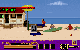 Surf Ninjas (DOS) screenshot: Battling Ninjas on the beach in level one.