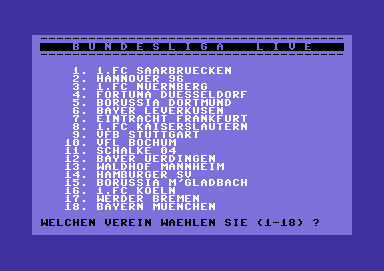 Bundesliga Live (Commodore 64) screenshot: Choosing your team