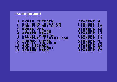 Bundesliga Live (Commodore 64) screenshot: Team overview