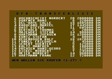 Bundesliga Live (Commodore 64) screenshot: Transfer market (buying)