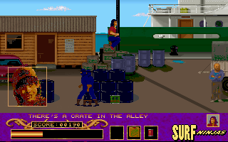 Surf Ninjas (DOS) screenshot: Johnny's little brother Adam pops up with some information; nice timing.