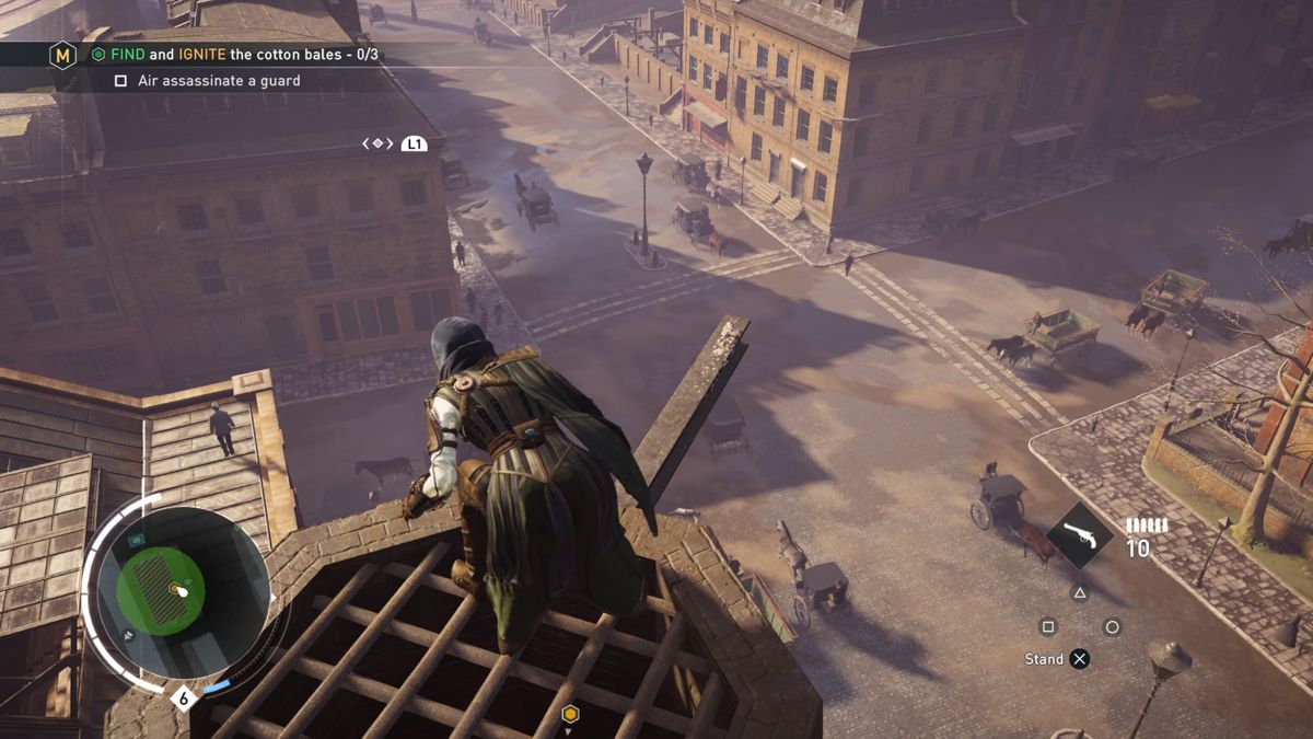 Assassin's Creed: Syndicate - Steampunk Outfit for Evie (PlayStation 4) screenshot: Traveling in stealth mode across the rooftops