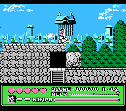 Kyatto Ninden Teyandee (NES) screenshot: Yattarou uses his trusty sword to dispatch his enemies.