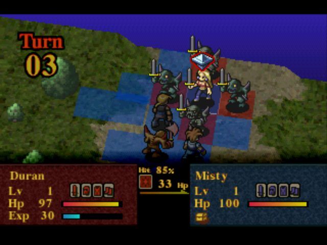 Kartia: The Word of Fate (PlayStation) screenshot: About to cast a fire spell against a group of enemies.