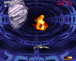 Super Stardust (Amiga) screenshot: Shoot the stones for bonus pickups.