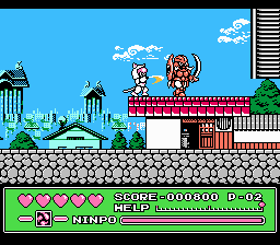 Kyatto Ninden Teyandee (NES) screenshot: The Nyankiis face several different types of enemies in their adventures.