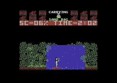 The Race Against Time (Commodore 64) screenshot: Riding a log through Niagra Falls