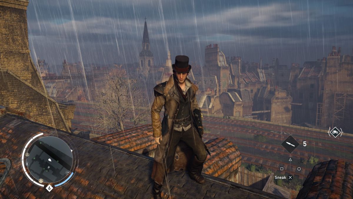 Assassin's Creed: Syndicate - Victorian Legends Outfit for Jacob (PlayStation 4) screenshot: Luckily, rooftops aren't slippery during the rain