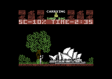 The Race Against Time (Commodore 64) screenshot: I thought that the Sydney Opera House was surrounded by water