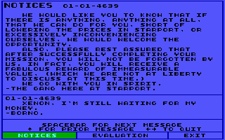 Starflight 2: Trade Routes of the Cloud Nebula (DOS) screenshot: Notices at the starbase