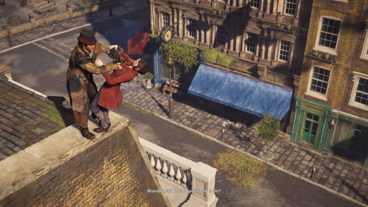 Assassin's Creed: Syndicate - Victorian Legends Outfit for Jacob (PlayStation 4) screenshot: Interrogating an enemy sniper