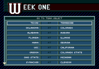 College Football's National Championship II (Genesis) screenshot: Week one team matchups