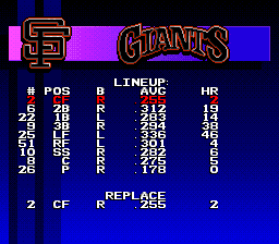 ESPN Baseball Tonight (Genesis) screenshot: Selecting a lineup.