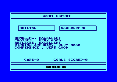 Tracksuit Manager (Amstrad CPC) screenshot: The scout report on my goalkeeper, Shilton.