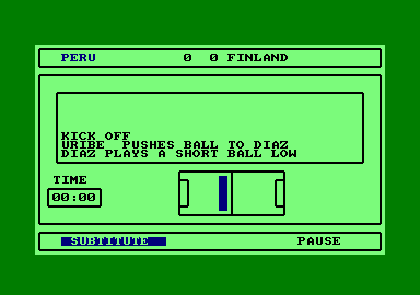 Tracksuit Manager (Amstrad CPC) screenshot: Watching the beginning of a game between Peru and Finland.