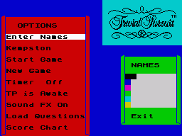 Trivial Pursuit (ZX Spectrum) screenshot: Game options. Enter player names to start.