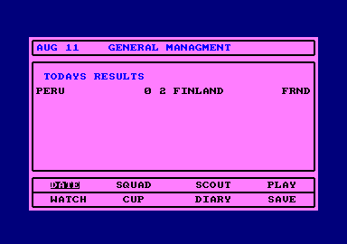 Tracksuit Manager (Amstrad CPC) screenshot: Game results. Finland won.