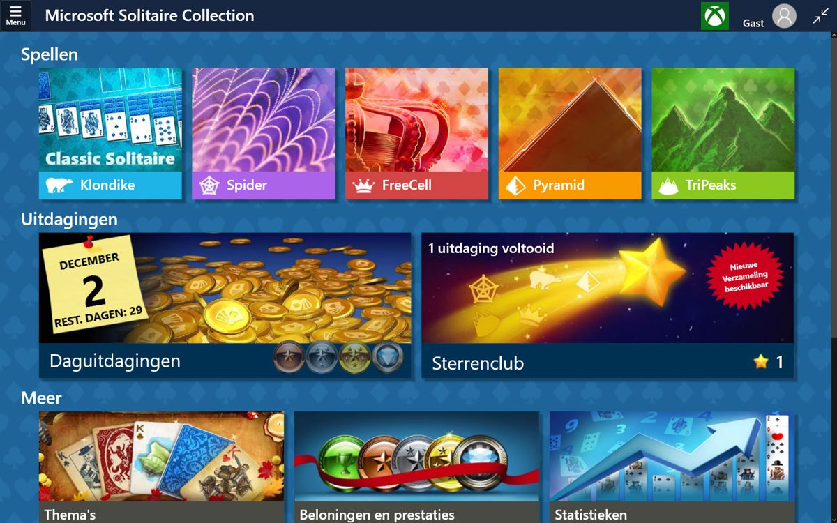 Microsoft Solitaire Collection (Windows Apps) screenshot: Main menu (Dutch version)