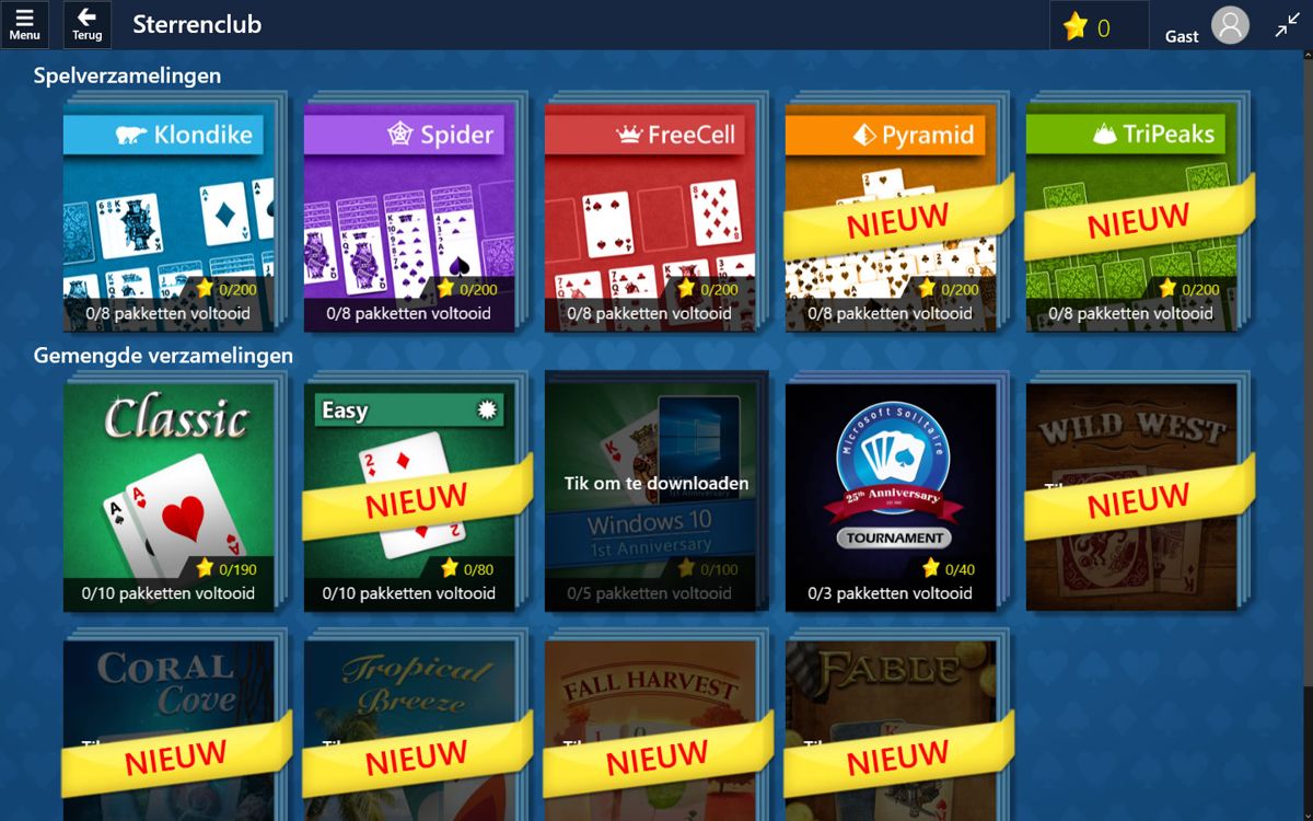 Microsoft Solitaire Collection (Windows Apps) screenshot: Progress in the star club (Dutch version)