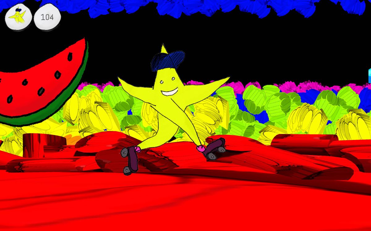 Soda Drinker Pro (Windows) screenshot: A star on skates in a level filled with fruit