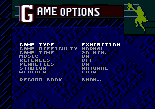 College Football's National Championship II (Genesis) screenshot: Main menu