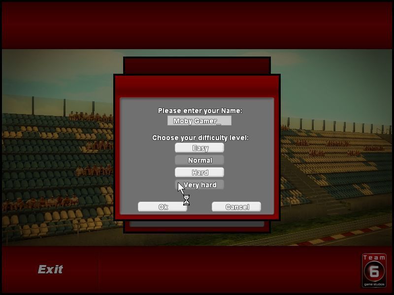 F-1 Chequered Flag (Windows) screenshot: The game starts with the player selecting, or creating, a profile name and selecting a degree of difficulty