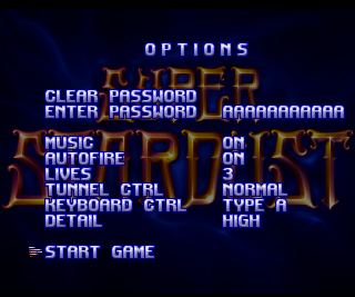 Super Stardust (Amiga) screenshot: Start game, options & password entering are located on the same screen.