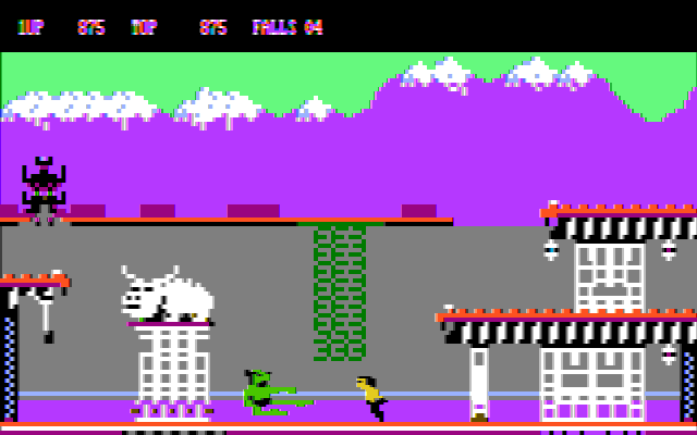 Bruce Lee (DOS) screenshot: Fighting a green guy (CGA composite mode).