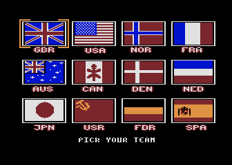 Winter Challenge: World Class Competition (Atari 8-bit) screenshot: Pick your team