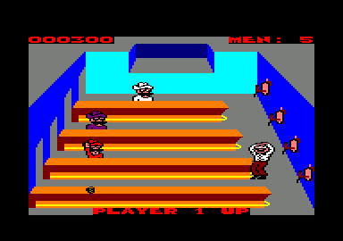 Tapper (Amstrad CPC) screenshot: A glass fell off the counter. I lost a life.