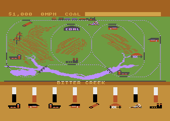 Trains (Atari 8-bit) screenshot: Each round features a different layout and different terrain