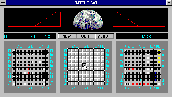 Battle Sat (Windows 16-bit) screenshot: Click on a point you've already attacked and the computer will tell you to try again.