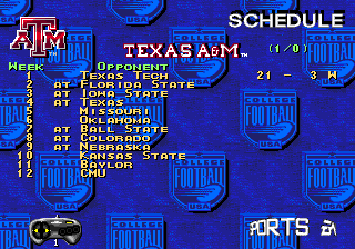 College Football USA 97 (Genesis) screenshot: Team schedule