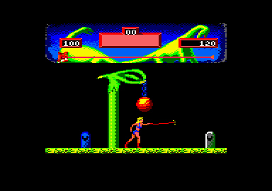 Vixen (Amstrad CPC) screenshot: The mighty whip of an amazon warrior.