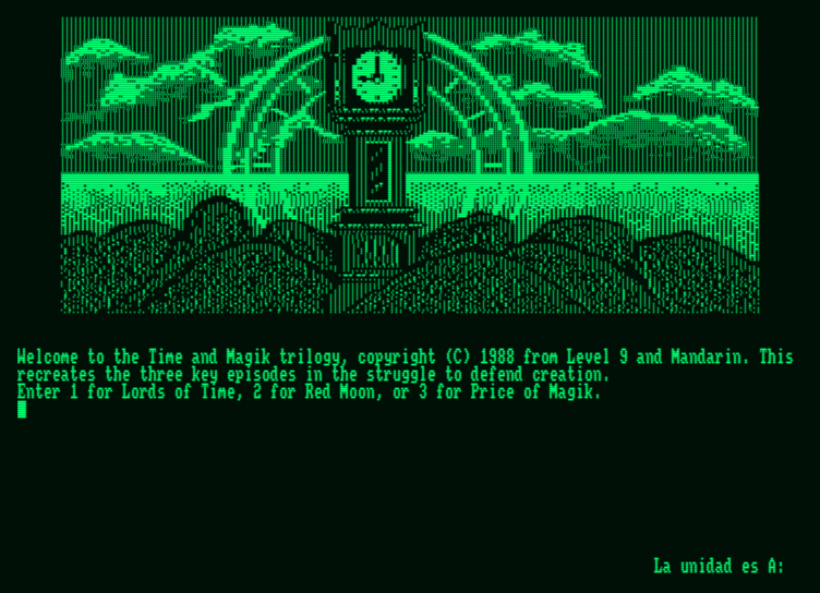 Time and Magik: The Trilogy (Amstrad PCW) screenshot: Do you want to play chapter 1, 2 or 3?