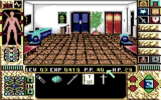 Elvira II: The Jaws of Cerberus (Commodore 64) screenshot: The foyer. It's all very pretty but there's nothing to do.