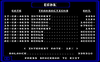 Starflight 2: Trade Routes of the Cloud Nebula (DOS) screenshot: The bank