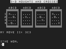 3-D Noughts and Crosses (Atom) screenshot: Computer winning