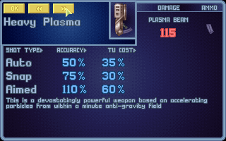 X-COM: UFO Defense (DOS) screenshot: Heavy Plasma is a very effective and accurate weapon.