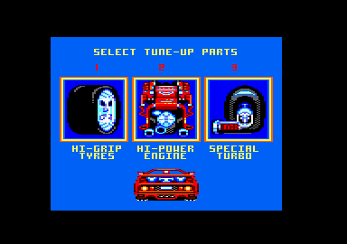 Turbo Out Run (Amstrad CPC) screenshot: The shop. You must purchase only one item each time
