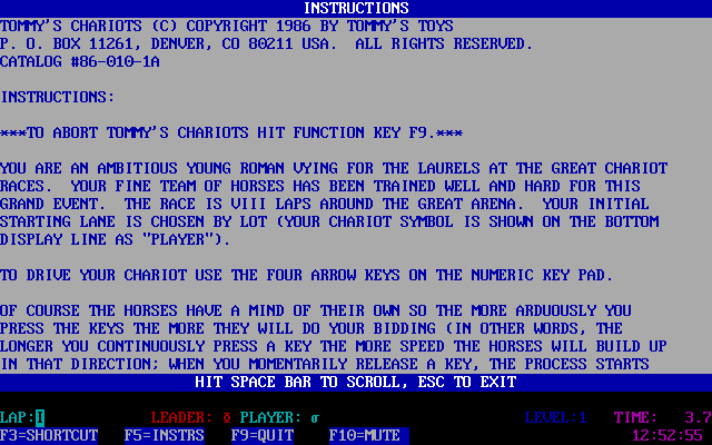 Tommy's Chariots (DOS) screenshot: The first screen of the game's help file