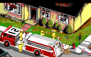 Police Quest 3: The Kindred (DOS) screenshot: At the scene of a fire (EGA/Tandy)