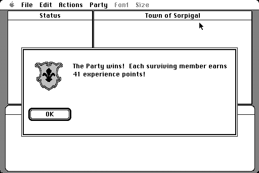 Might and Magic: Book One - Secret of the Inner Sanctum (Macintosh) screenshot: Victory... and a gain of 41 exp is good